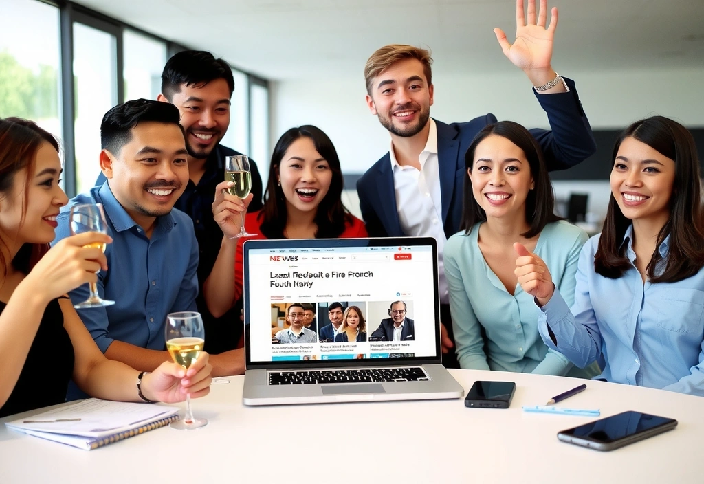 Lancio di un sito web con un team di giornalisti che festeggiano