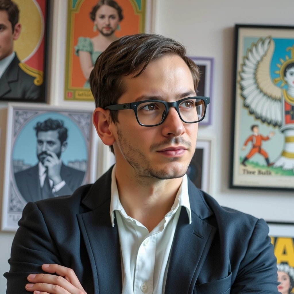 Ritratto di un giornalista culturale, uomo, con un tocco artistico