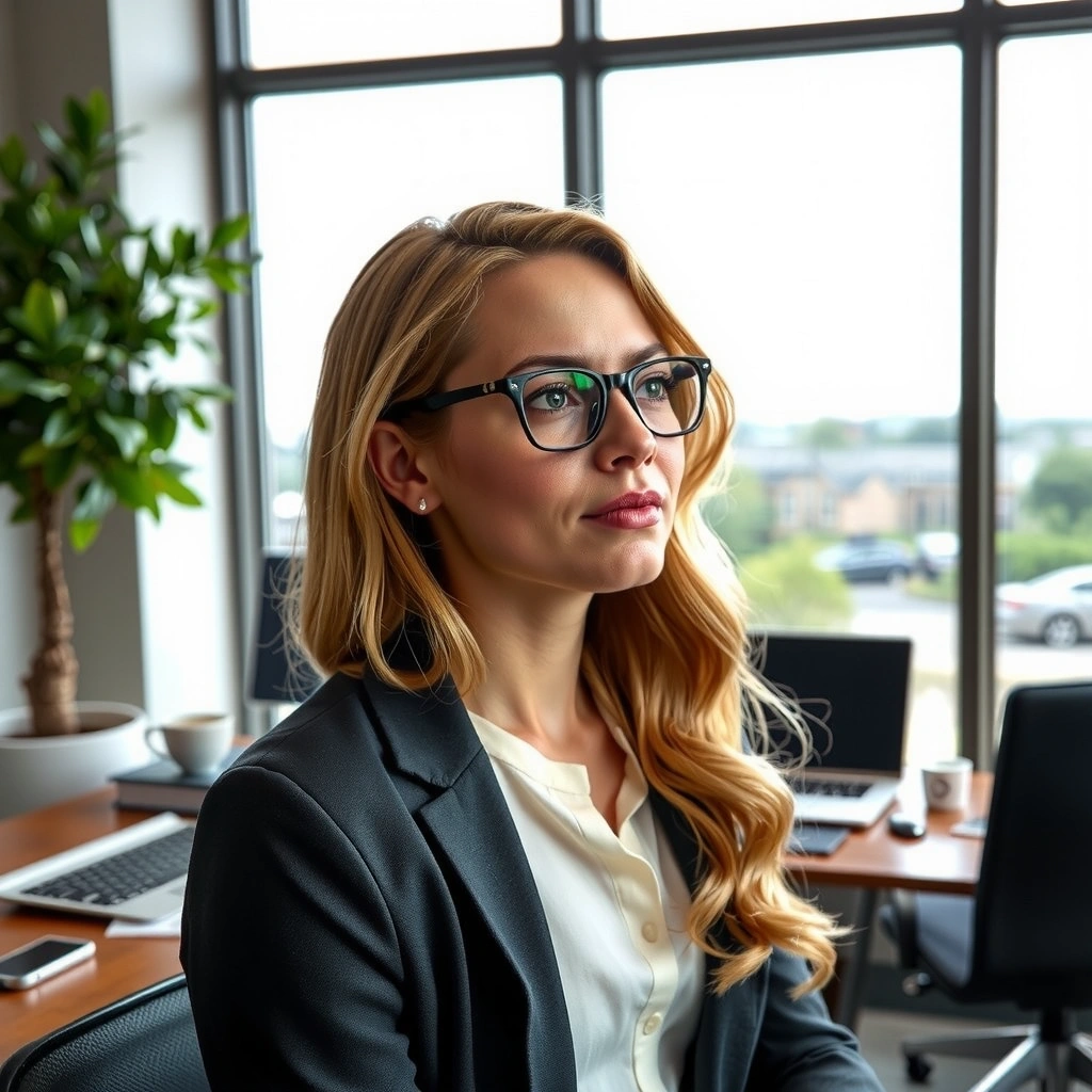 Ritratto di una giornalista specializzata in economia, donna, sguardo attento