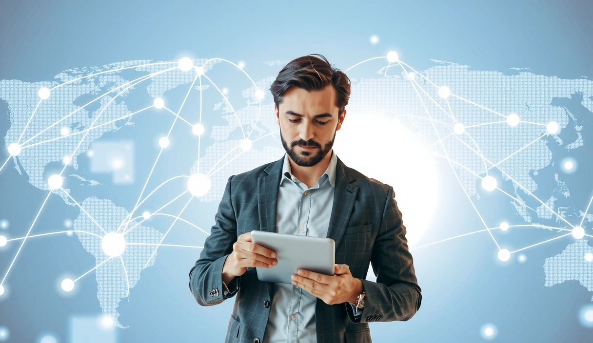 Uomo che legge notizie su tablet con sfondo futuristico