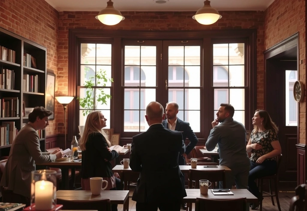 Un gruppo di persone che discutono animatamente in un caffè letterario