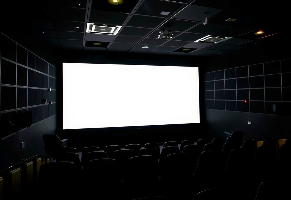 Una sala cinematografica buia con lo schermo illuminato