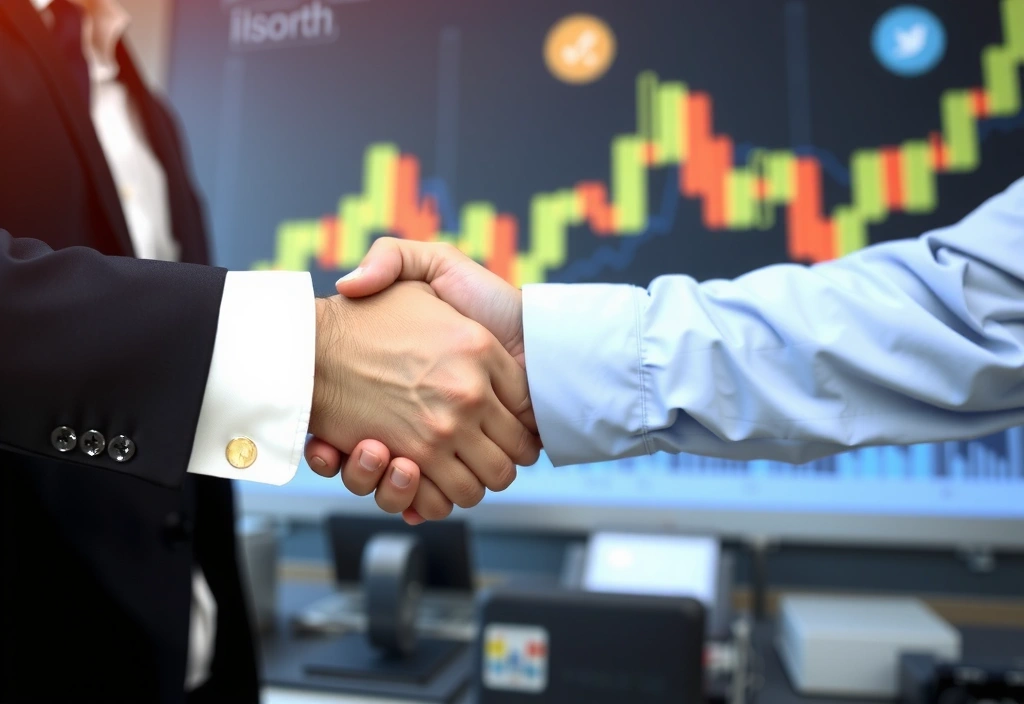 Mani che si stringono su uno sfondo di crescita economica