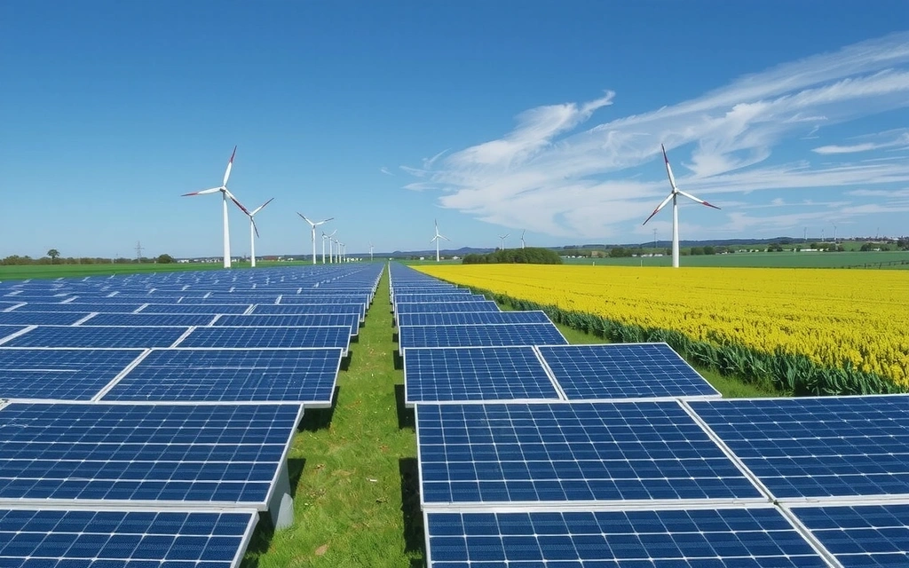Pannelli solari e turbine eoliche in un paesaggio verde