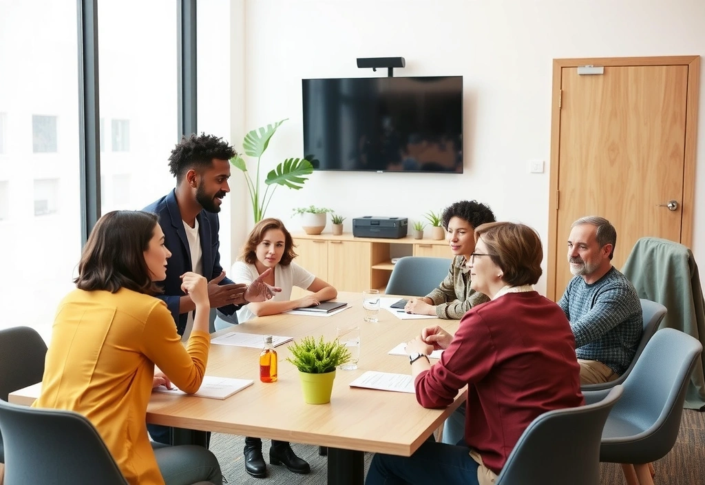 Gruppo di persone che discutono animatamente a un tavolo, simbolo di dibattito e scambio di idee.