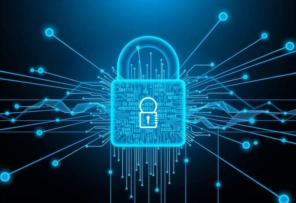 Digital privacy concept with padlock and abstract data flow