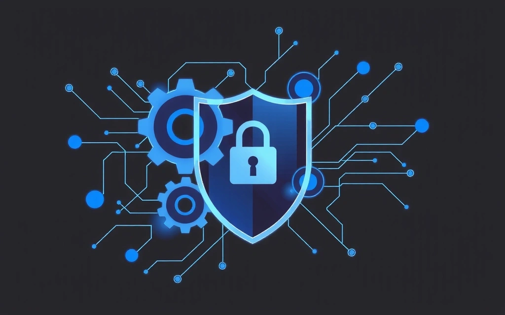 Un'illustrazione astratta di ingranaggi e circuiti che simboleggiano la proprietà intellettuale e la protezione dei dati.