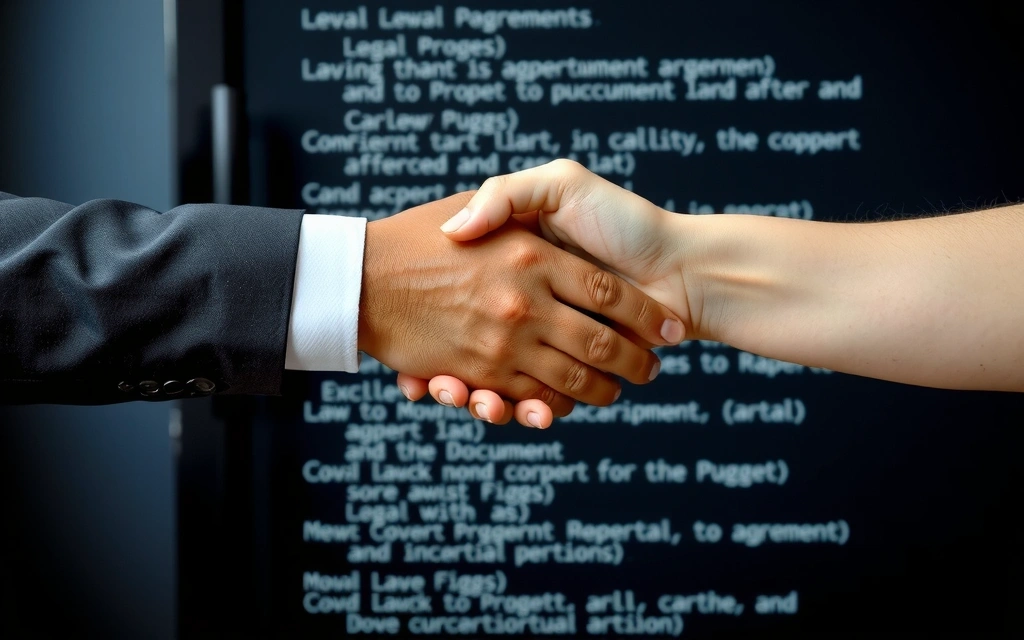 Una stretta di mano tra due persone su uno sfondo di codice legale, simboleggiante l'accettazione dei termini e condizioni.
